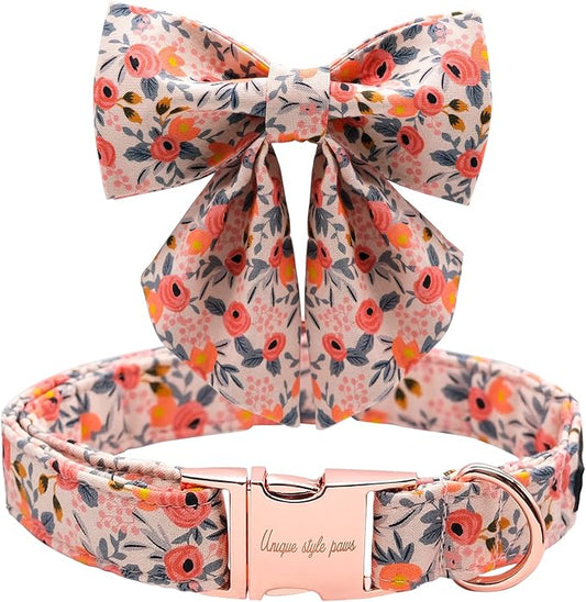 Unique style paws Dog Collar with Tie Adjustable Pink Bowtie Puppy Collars for Small Medium Large Dogs and Cats-L