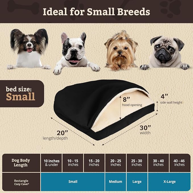 Snoozer Rectangle Cozy Cave Dog Bed - Indoor Dog Bed with Cover Cave, Covered Calming Burrow for Small Sized Pets with Blanket Attached, Enclosed, Washable Cover - Small, Black