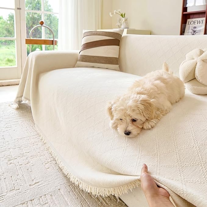 VANJOROY Beige Couch Sofa Cover for 3 Cushion Sectional Sofa L-Shape -Washable Chenille Couch Cover for Dogs Pets, Boho Couch Cover Protector Soft Sofa Slipcovers with Tassel,91"x 134"