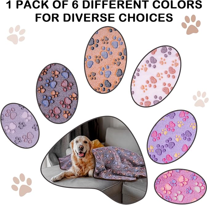 Dono 1 Pack 6 Dog Blankets, Soft Fluffy Fleece Pet Blanket Warm Sleep Mat Paw Print Design Puppy Kitten Throw Blankets Doggy Blanket for Dogs