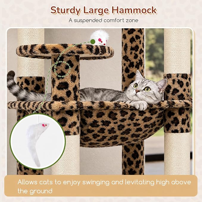 Globlazer Leopard Cat Tree Tower with Scratching Post for Indoor Cats, 53in Plush Multi-Level Cat Climbing Tower Condo House with Large Hammock, Spacious Cat Cave, Padded Top Perch, F53, Leopard Print