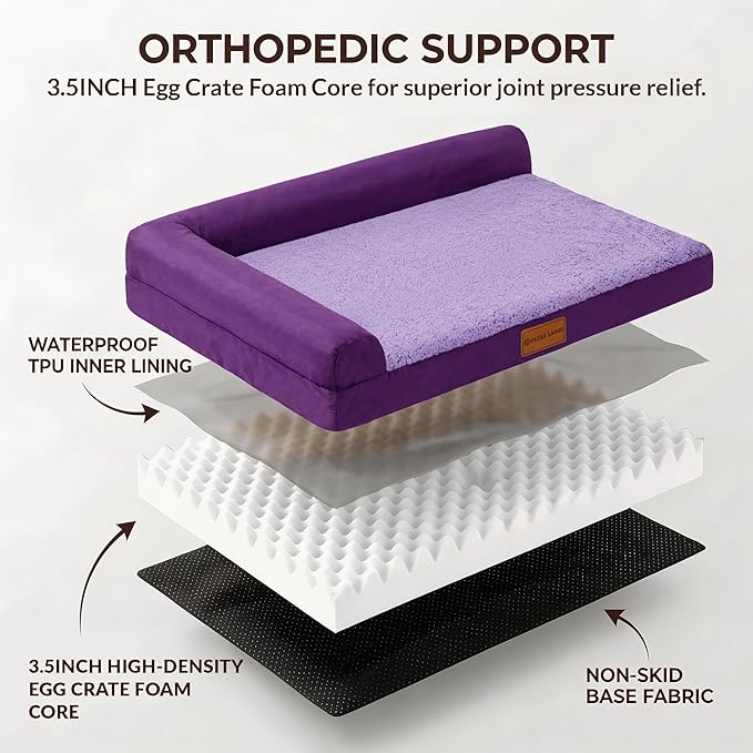 Patas Lague Orthopedic Dog Bed Large Sized Dog 36''X24'', Waterproof L Bolster Medium Pet Sofa Beds with Removable Washable Cover, Soft Pet Couch Crate Mat with Nonskid Bottom, Purple