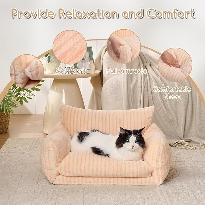 Hollypet Cat Bed Fluffy Plush Multifunctional Double-Layer Machine Washable Soft Warming Kitty Pet Couch Orthopedic Nest Beds for Small Cats Kitten and Dogs up to 13lbs, Pink Stripes(25x20x13 inch)