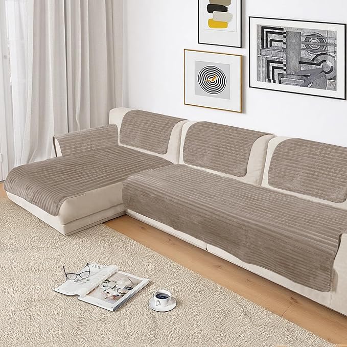 NAISI Couch Covers for Dogs Waterproof Flannel Striped Sofa Cover Pet Friendly Washable Dog Mat for Couch Anti Slip Sectional Sofa Slipcover Protector(2pcs/35"x63"+35"x70",Khaki)