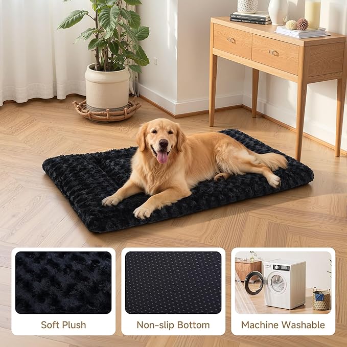 Washable Dog Bed Mat Crate Pad Soft Fluffy Pet Kennel Beds Dog Sleeping Mattress for Large Jumbo Medium Small Dogs, 48 x 30 Inch, Black