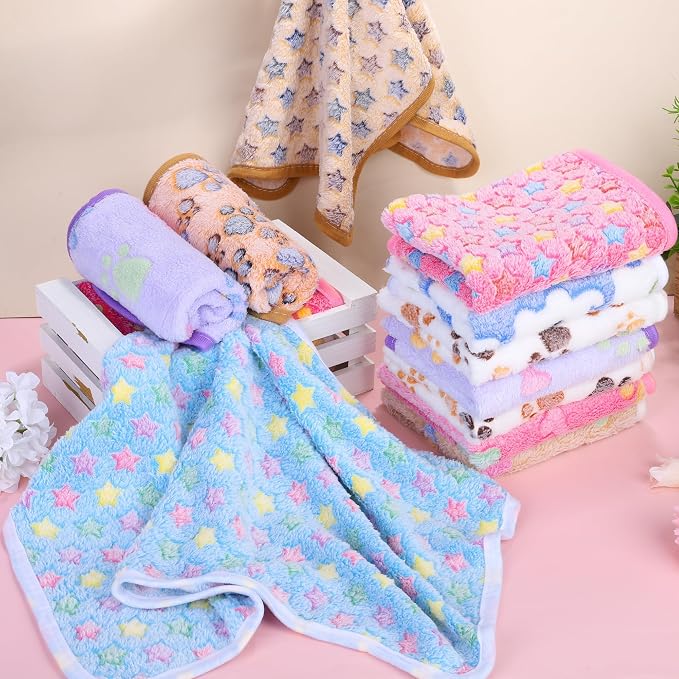 MCEAST 24 Pack Paw Print Plush Pet Blankets 24 x 16 Ultra-Soft & Cozy Small Dog Cat Bedding Mats with 12 Stylish Designs Machine Washable Multipurpose Fluffy Throw for Kennel, Sofa, Travel