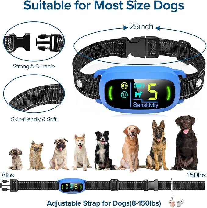FAFAFROG Dog Bark Collar, Rechargeable Smart Collar, Anti Barking Training Collar with 5 Adjustable Sensitivity Beep Vibration, Bark Collar for Large Medium Small Dogs (Blue)