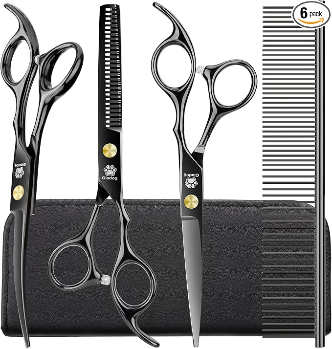 Dog Grooming Scissors Kit with Safety Round Tips, GLADOG Professional 5 in 1 Grooming Scissors for Dog