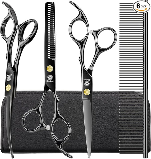 Dog Grooming Scissors Kit with Safety Round Tips, GLADOG Professional 5 in 1 Grooming Scissors for Dog