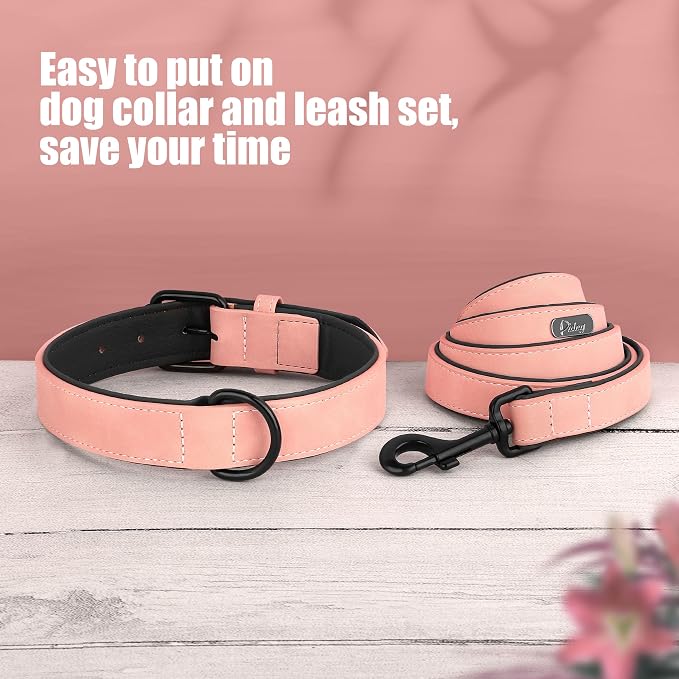 Didog Soft Padded Leather Dog Collar and Leash Set, Pink Breathable Pet Collars with 4FT PU Leather Dog Leash for Small Medium Large Dogs, Pink, XL