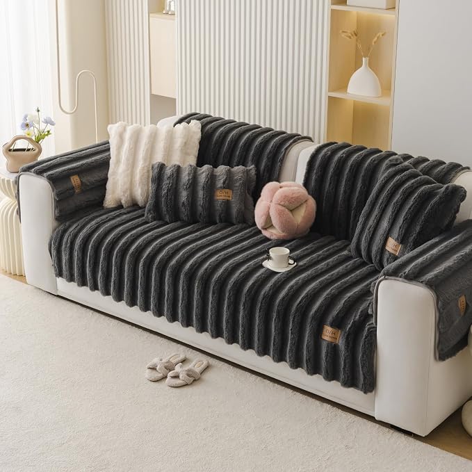 Fuzzy Rabbit Plush Sofa Cover Thick Soft Fur Sectional Couch Cover Furry Fluffy Cushion Cover Non-Slip Sofa Slipcovers Vertical Stripe Furniture Protector for Dogs Cats(Dark Grey,28"x70")