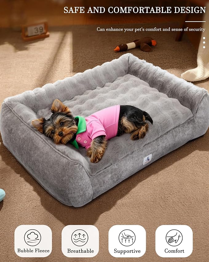 Orthopedic Dog Bed Medium Size Dog, Extra Thick Supportive Dog Couch Bed, Dog Beds with Removable Washable Cover, Ultra Soft Faux Rabbit Fur Puppy Bed & Non-Slip Bottom (Gray, 35"x25")