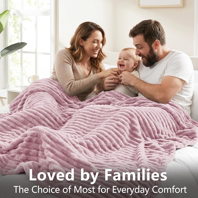 HIMEET Fleece Dusty Pink Queen Blanket for Bed - 300GSM Ribbed Soft Cozy Bedding Blanket, House Warming Gifts New Home, Luxury Aesthetic Bedroom Decor Throws, 90x90 Inches