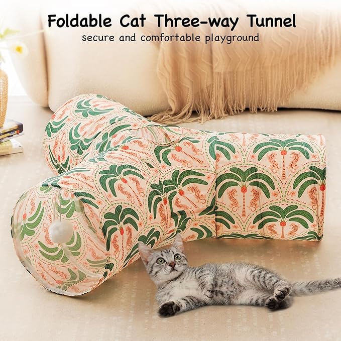 Tempcore Cat Tunnel for Indoor Cats, 3 Way Collapsible Pet Play Tunnel with Teaser Wand, Peek Holes & Hanging Ball, Interactive Tube for Kittens & Rabbits, Khaki Coconut Tree