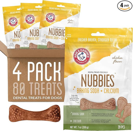 Arm & Hammer for Pets Nubbies Dental Treats Baking Soda Calcium Dog Dental Chews Nubbed Texture Scrubs Plaque Tartar Chicken Flavor 20 Count 7 OZ 4 Pack