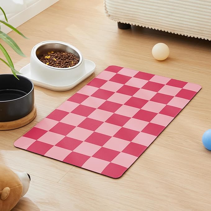 Checkered Dog Feeding Mat, Absorbent Mats for Dog Food and Water Bowl, Dispenser, Aesthetic Hot Pink Checkerboard Pet Placemat for Dogs, Cats, Puppy Accessories (Coral, 16 x 24)