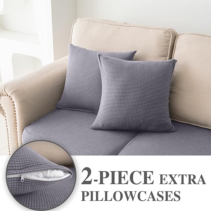 LA MEACK Couch Cushion Covers for Sectional Sofa L Shape Washable Separate Seat Chaise Couch Cover Stretch Sofa Slipcovers with 2 Pcs Pillowcases(3 Seater + 1 Chaise, Light Grey)