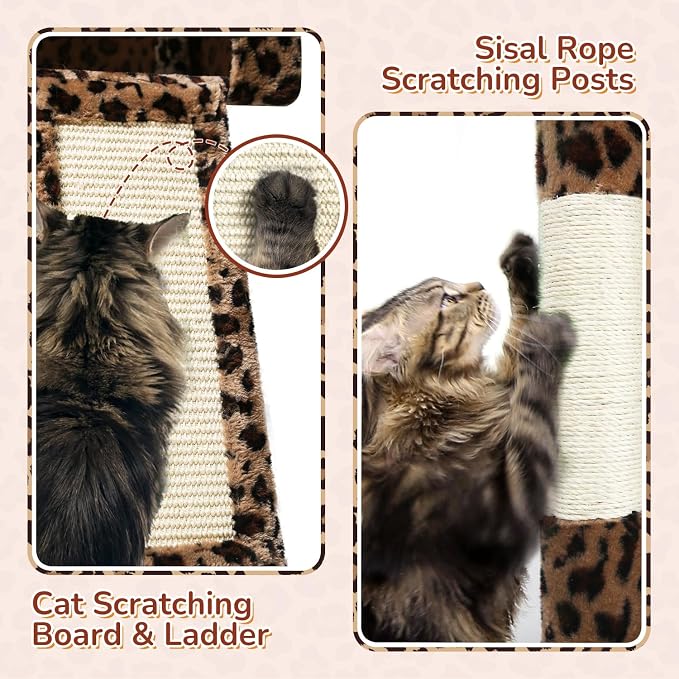 Globlazer Heavy Duty Cat Tree Tower, 70inch Sturdy Cat Tree for Indoor Cats Sturdy Large Cat Tower with Scratching Post and Board, Hammock, 2 Cat Condo for Adult Cats Kittens, F70 Pro, Leopard Print