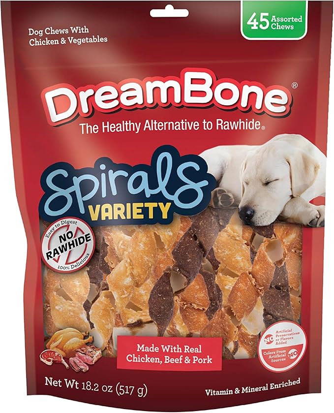DreamBone Spirals Variety Pack Chews for Dogs, Treat Your Dog to Easy-to-Digest Rawhide-Free Chews Made with Chicken, Beef or Pork, 45 Count