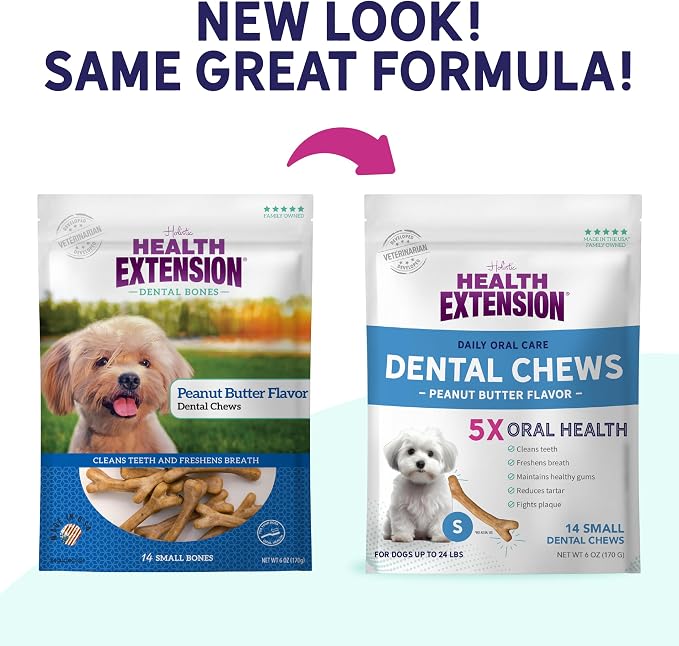 Health Extension Peanut Butter Dental Bones for Dogs, 14 Small Bones, Healthy Gums, Freshens Breath, Cleans Teeth, Training or Reward 6 oz Bag (Pack of 1)