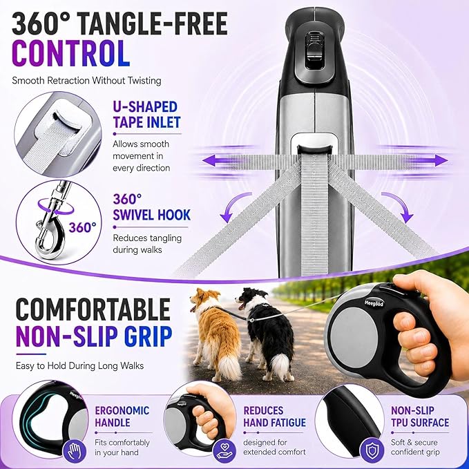 Double Retractable Dog Leash for Two Dogs Up to 50 lbs - 16 ft Coupler Leashes for Small Medium Dogs - One Locked System, Non Slip Grip, Tangle Free (Grey)