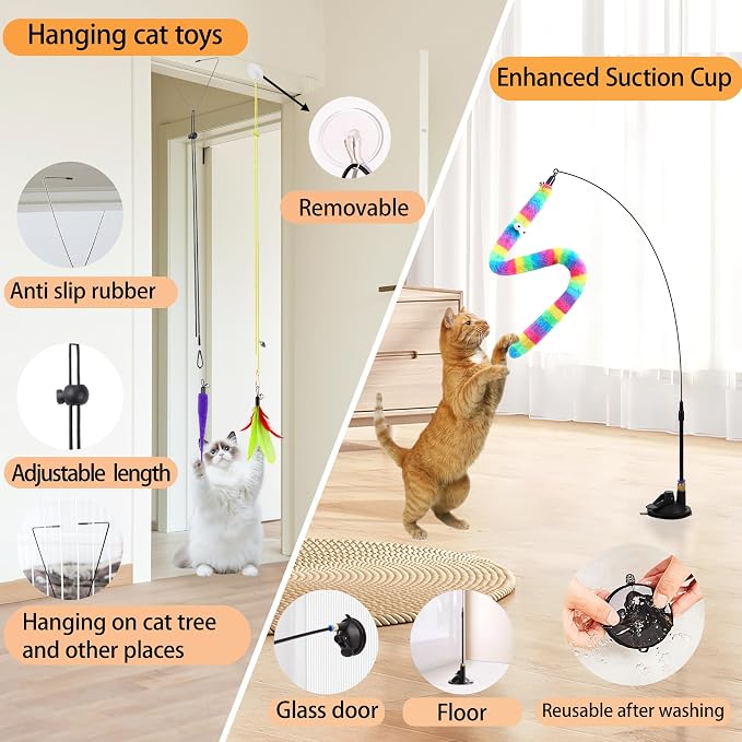 Soarer 4-in-1 Interactive Cat Wand Toy,12Pcs Durable Fishing Pole Cat Feathers Toys Replacements,Enhanced Suction Cup Cat Toy Floor,2 Types Door Hanging Cat String Toys for Indoor Kitten
