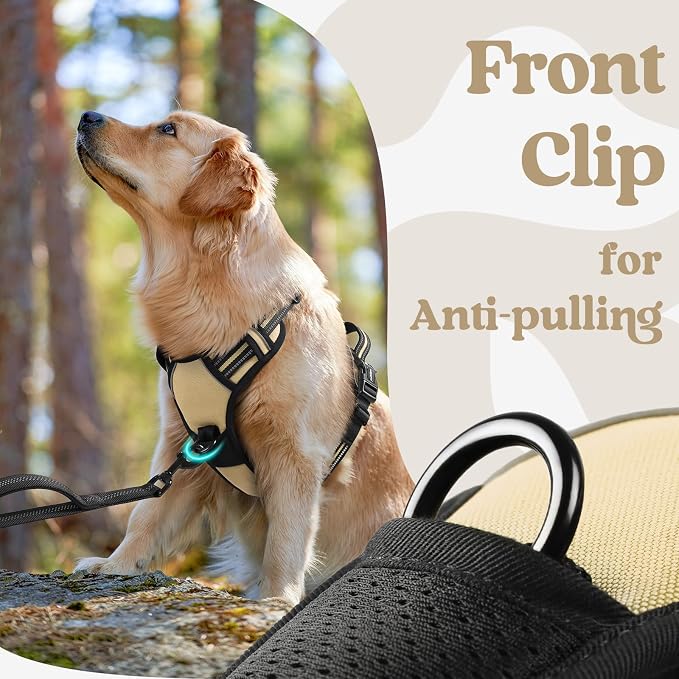 rabbitgoo Dog Harness for Large, No Pull Easy On & Off with 3 Buckles Pet Harness, Adjustable Soft Walking Vest with 2 Clips and Handle, Reflective for Large Dogs, Beige, L
