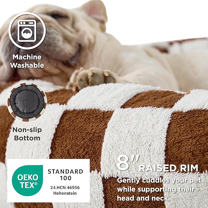 LE SURE Shown on TV Donut Medium Dog Bed - Round Catc Sofa Indoor Anti-Anxiety Calming Bed Gift for Pets, Washable Cute Modern Beds with Jacquard Shaggy Plush & Anti Slip Bottom, 30 Inch, Brwon