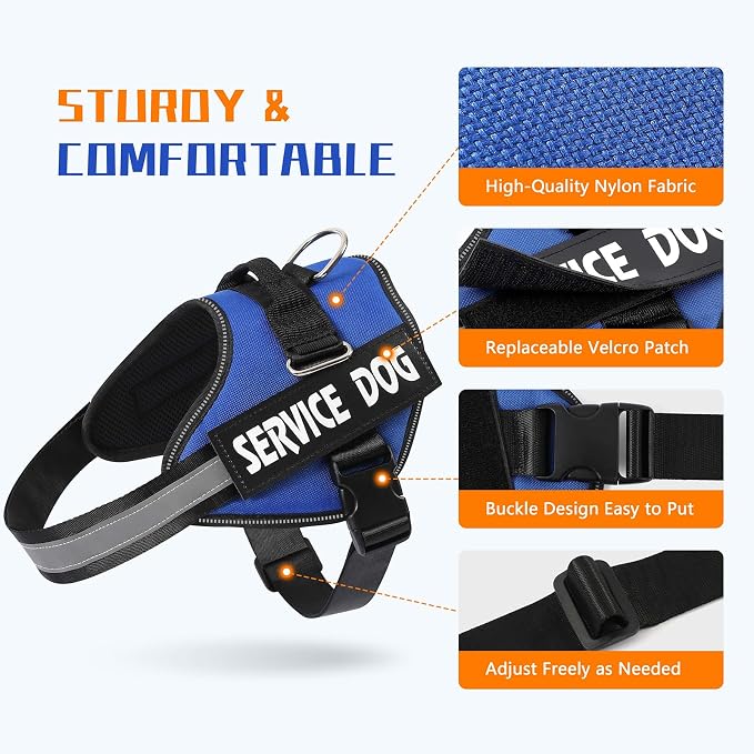 MUMUPET Service Dog Vest Harness, No Pull Reflective Adjustable with Handle, Soft Breathable Padding for Large Dogs, 2 Removable Velcro Patches (Blue, L)