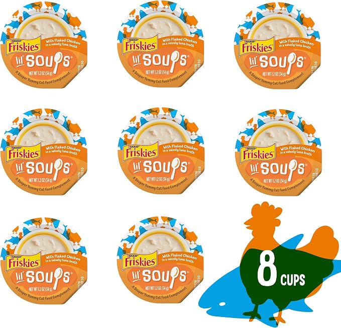 Friskies Purina Natural,Grain Free Wet Cat Food Lickable Cat Treats,Lil' Soups Flaked Chicken - 1.2 oz. Tubs,(Pack of 16)