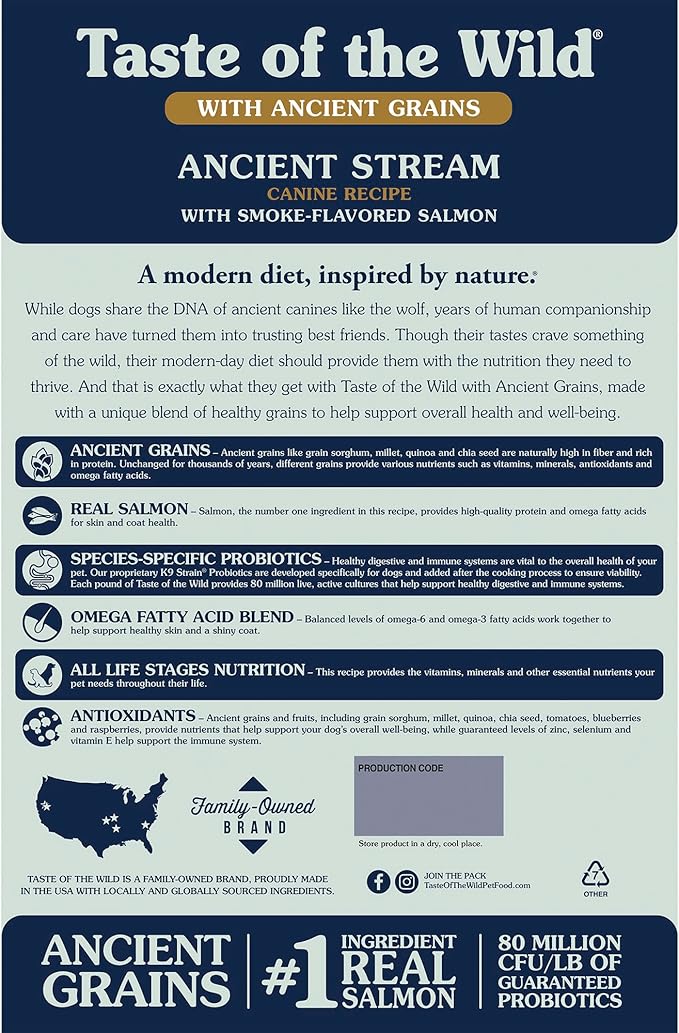 Taste of the Wild Ancient Stream All Life Stages High Protein Recipe with Smoke-Flavored Salmon & Ancient Grains Dry Dog Food 14lb