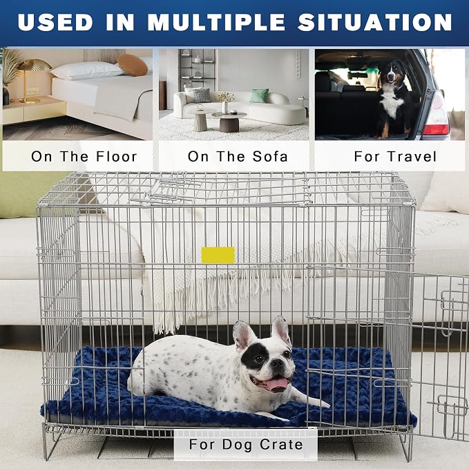 Washable Dog Bed Mat Crate Pad Soft Fluffy Pet Kennel Beds Dog Sleeping Mattress for Large Jumbo Medium Small Dogs, 42 x 28 Inch, Blue