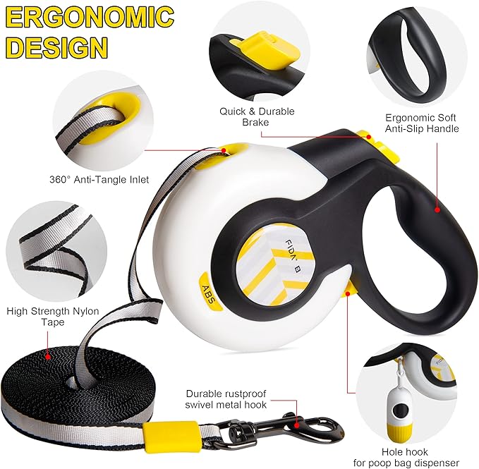 FIDA AutoBrake Retractable Dog Leash. Advanced Patented Design for Dog Pulling, 16 ft Heavy Duty No Pull Pet Walking Leash for Small Breeds. 360° Tangle Free, Soft Grip, Small Size.