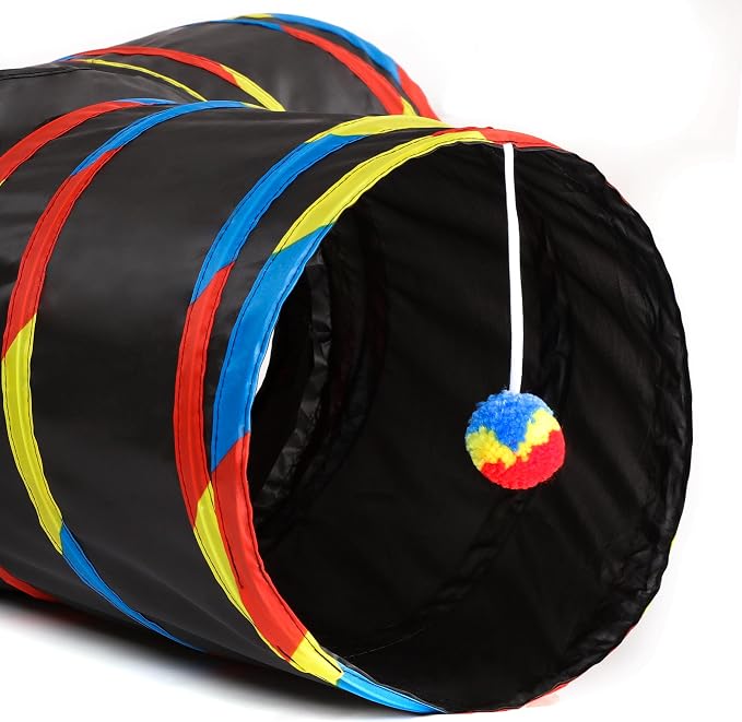 Tempcore Cat Tunnel for Indoor Cats, 3 Way Collapsible Pet Play Tunnel with Teaser Wand, Peek Holes & Hanging Ball, Interactive Tube for Kittens & Rabbits, Black & Rainbow