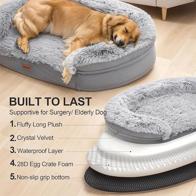 iweepet Fluffy Claiming Orthopedic Dog Beds for Medium & Large Dogs, Supportive Dog Sofa Bed with 3.7 inch 28D Egg-Crate Foam, Removable Washable Plush Cover, Waterproof Lining, 41'',Grey