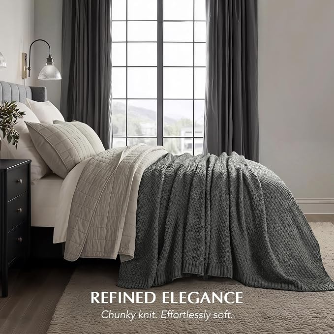 EVERGRACEHOME Chunky Polyester Knit Throw Blanket for Couch, Soft Luxurious Oversized King Moss Stitch Blanket for Bed, Large Cozy Farmhouse Knitted Throw for Sofa, Charcoal Gray, 108" x 92"