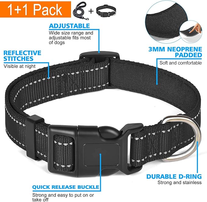 Ladoogo Reflective Dog Collar Padded with Soft Neoprene Breathable Adjustable Nylon Dog Collars for Small Medium Large Dogs (Medium (Pack of 1), Black Collar+Leash)