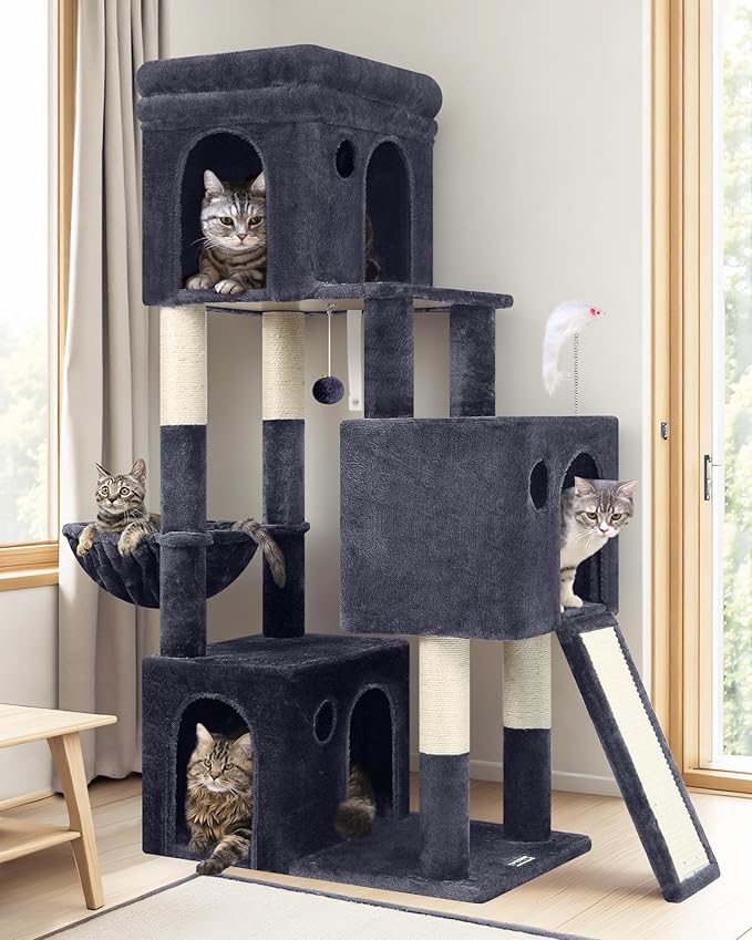 Globlazer Heavy Duty Cat Tree for Indoor Cats Large Adult, F52B, Dark Grey | 3 Condos, Extra-Large Baseboard, Removable Top Perch, 4 Sisal Posts & Board, Hanging Basket, Anti-Topple Strap, Easy Setup