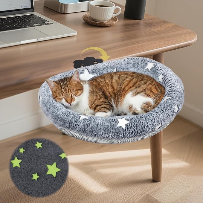 Cat Desk Bed with Clamp, Glow in The Dark Cat Desk Hammock, Desk Perch with Removable Washable Cover, Sturdy Metal Frame