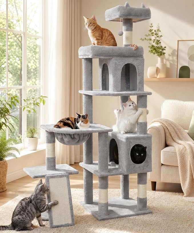 68 Inches Heavy Duty Cat Tree for Indoor Cat, Big Cat Tower with Sisal Scratching Posts and Top Perch, Large Platform for Adult Cats, PMT02GY, Grey