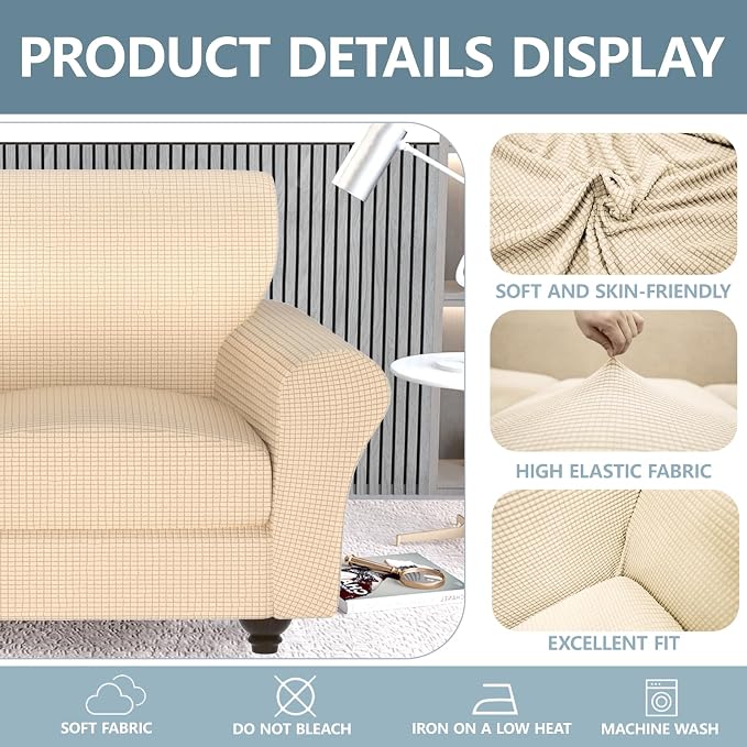 Stretch Couch Covers for 3 Separate Cushion Couch Sofa -Living Room Couch Sofa Cover,Washable Sofa Slipcover,Pet Friendly Furniture Protector with Elastic Bottom,Universal Fit for Home(Beige,Sofa)