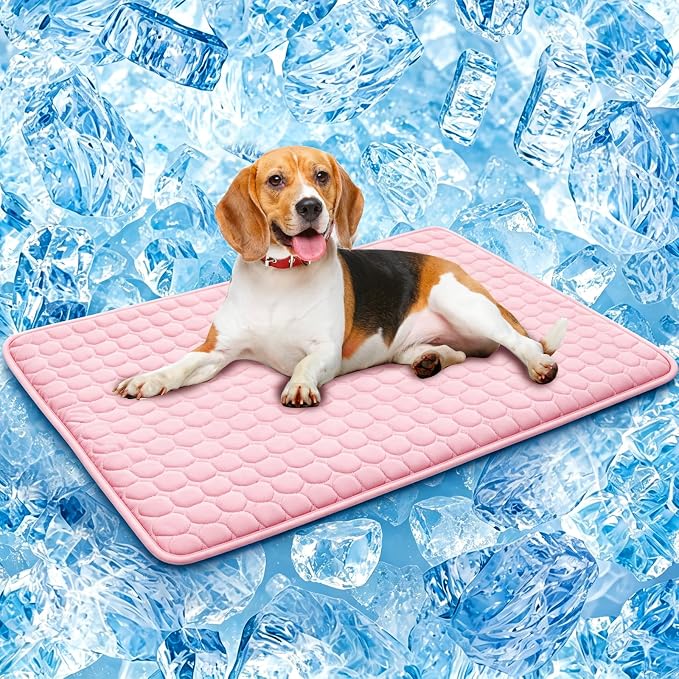 SOMOYA Dog Cooling Mat (Q-Max>0.4) Pet Cooling Pads Blanket Sleeping Kennel Mat,Ice Silk Cool Mat Pad Breathable Dog Bed Mats Beach for Large Dogs Cats (Pink, 27x22 in)