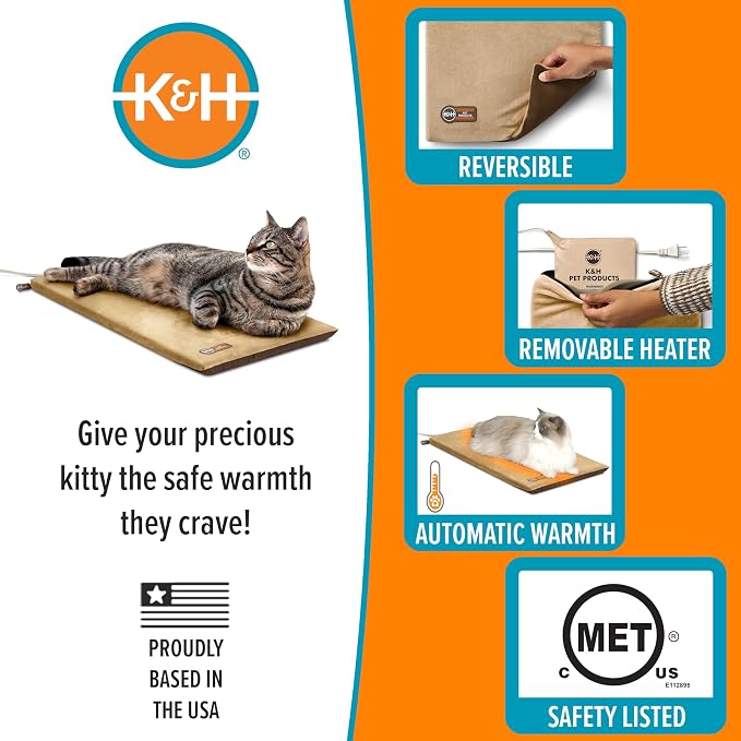 K&H Pet Products Heated Cat Bed Pad for Indoor Cats, Thermo-Kitty Mat Calming Warm Pet Heating Pad for Inside Pets, Machine Washable, Waterproof Heater, Safety Listed - 12.5 X 25in Mocha/Tan