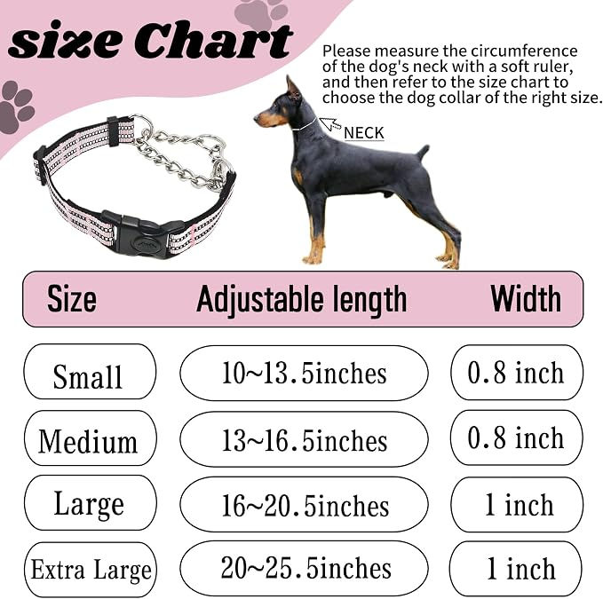 Martingale Dog Collars, Reflective Nylon Collar with Stainless Steel Chain, Adjustable Walking Training Dog Collars with Quick Release Buckle, Suitable for Small Medium Large Dogs(Pink,XL)