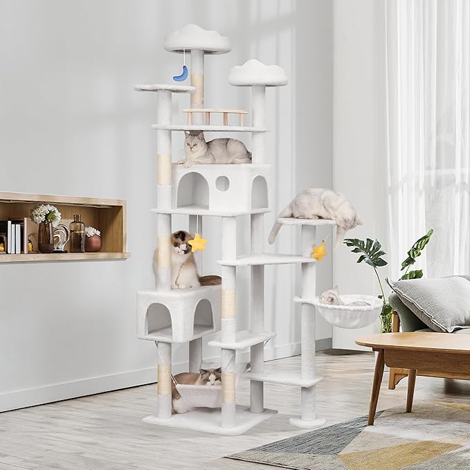 Meecal 79in Tall Cat Tower for Heavy Duty Big Cats, Large Cat Tree with Scratching Post, Plush Perches, Cozy Cat Condos & Hanging Hammocks for Maine Coon, White
