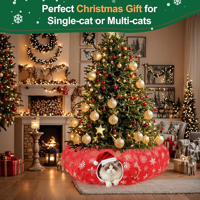 Cat Tunnel Bed for Indoor Cats, XL Christmas Tree Skirts Washable Warm Soft Indoor Cat Donut Tunnel, Multifunctional Cat Interactive Playground Toys for Felines Pet Christmas Tree Decoration