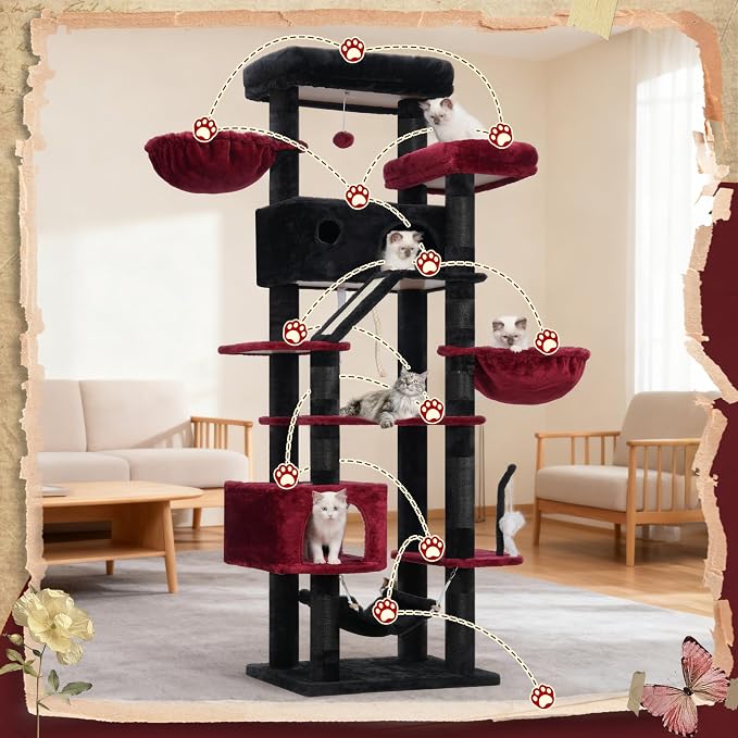 Gitelsnour Gothic Cat Tree for Large Cats, 78.7"(200cm) Tall Cat Tower for Indoor Cats Multiple Cats with Large Top Perch, Cat Condo, Cat Hammcok, Cat Scratching Post, Black and Red GCT031BR