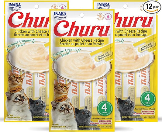 INABA Churu Cat Treats, Grain-Free, Lickable, Squeezable Creamy Purée Cat Treat/Topper with Vitamin E & Taurine, 0.5 Ounces Each Tube, 12 Tubes (4 per Pack), Chicken with Cheese Recipe