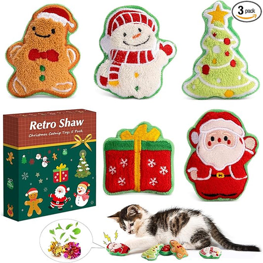 Retro Shaw Christmas Cat Toys, Xmas Catnip Toys for Indoor Cats Kitten Teeth Cleaning, Crinkly Interactive Cat Chew Nip Kitty Kicker Toy Santa Claus Trees Snowman, 5 Pack