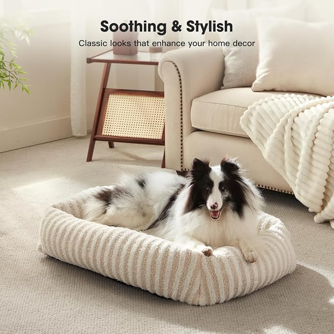 MIXJOY Dog Bed for Medium Sized Dogs, Washable Medium Dog Beds with Removable Cover, Rectangle Pet Beds with Non-Slip Bottom, Warming Calming Dogs Cuddler, 25"x21"x7", White